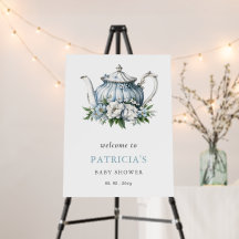 Floral Blue Tea Party Boy Baby shower Affiche de b