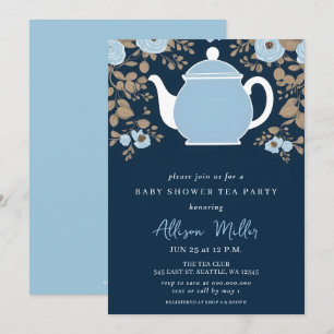 Floral Blue Tea Party Boy Baby Shower  Invitation