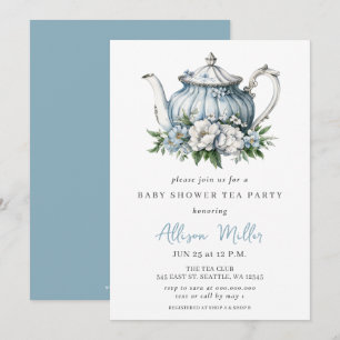 Floral Blue Tea Party Boy Baby Shower Invitation