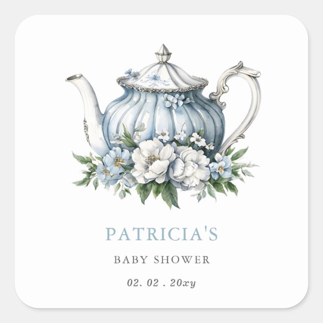 Floral Blue Tea Party Boy Baby Shower  Square Sticker (Front)