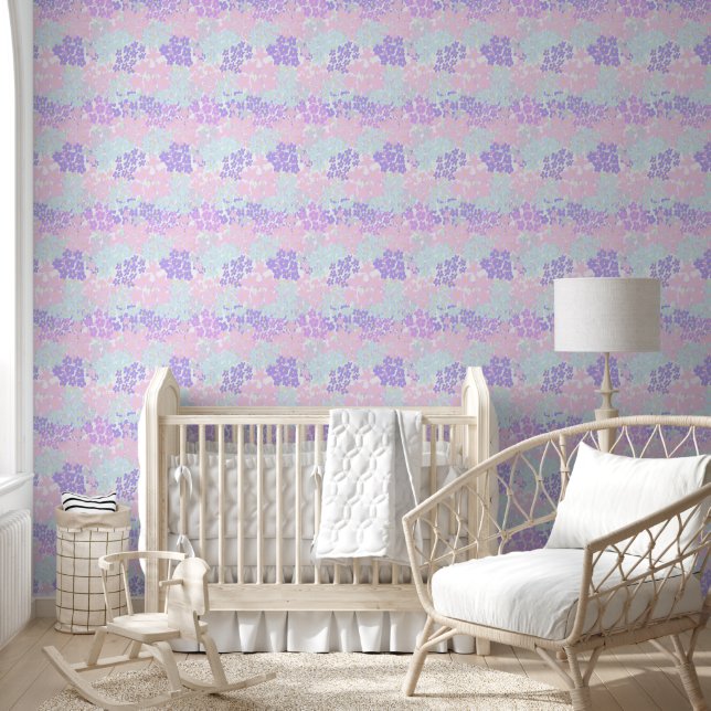 Floral Blue Teal Pink Pattern Peel and Stick Wallpaper (Kids)