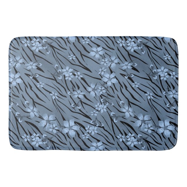 Floral, blue, tiger pattern bath mat (Front)