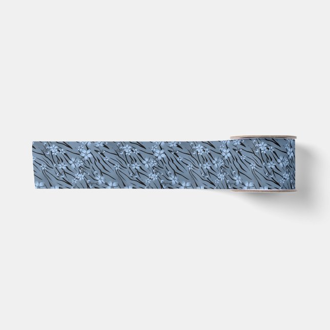Floral, blue, tiger pattern satin ribbon (Front)