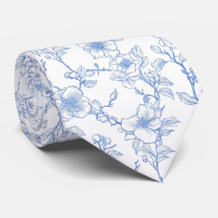 Floral blue toile tie