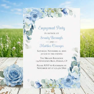 Floral Blue Watercolor Roses Engagement Party Invitation