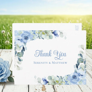 Floral Blue Watercolor Roses Wedding Thank You Postcard