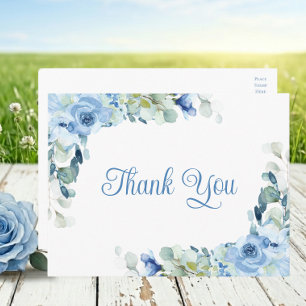 Floral Blue Watercolor Roses Wedding Thank You Postcard