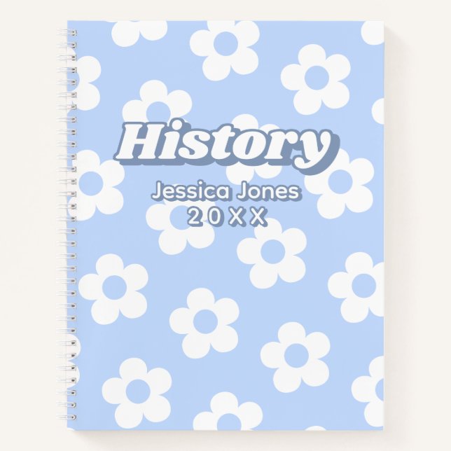 Floral Blue White Daisy Pattern School Subject Notebook (Front)