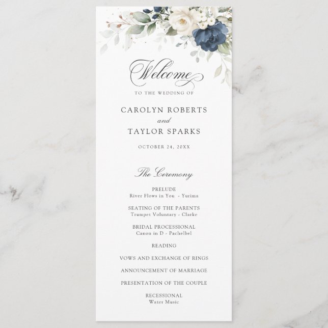 Floral Blue White Greenery Gold Wedding Program (Front)