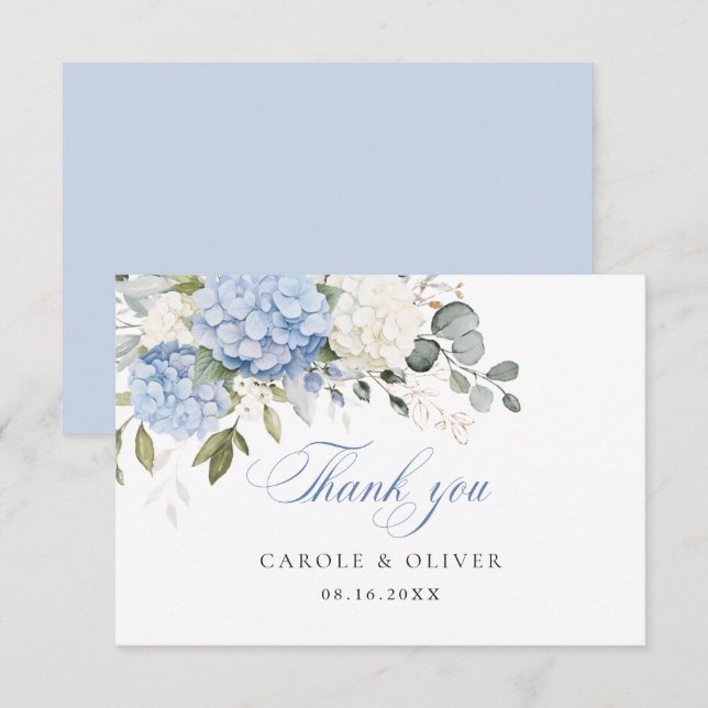 Floral Blue White Hydrangea Greenery Wedding Thank You Card (Front/Back)