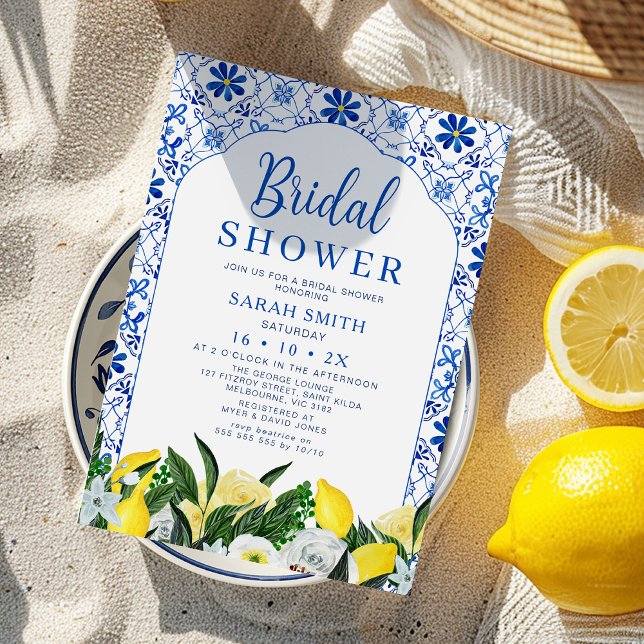 Floral Blue White Tile Lemon Bridal Shower  Invitation (Lemon Positano Bridal Shower Invitation Template, Italian Blue Tile Lemon Bridal Shower Invite, )