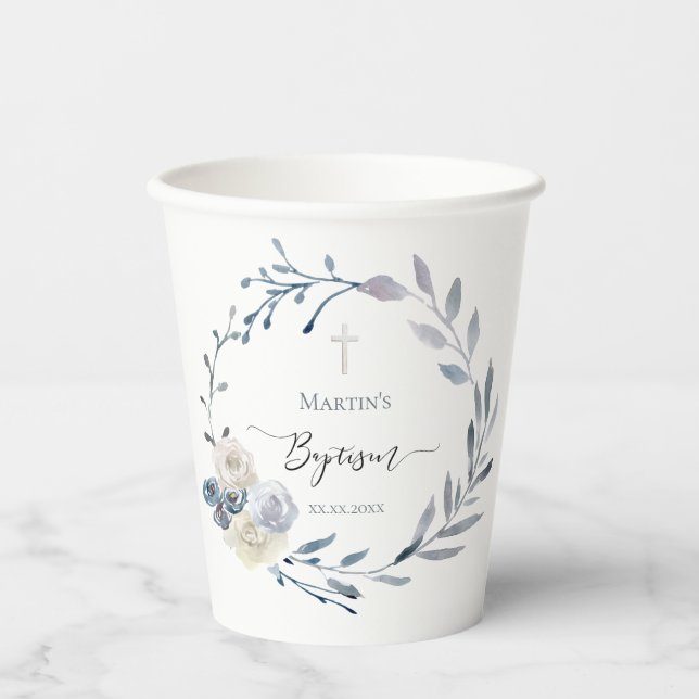 floral blue wreath Baptism Paper cup (Front)