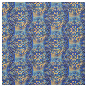 Floral Blue Yellow Circle Motif Fabric