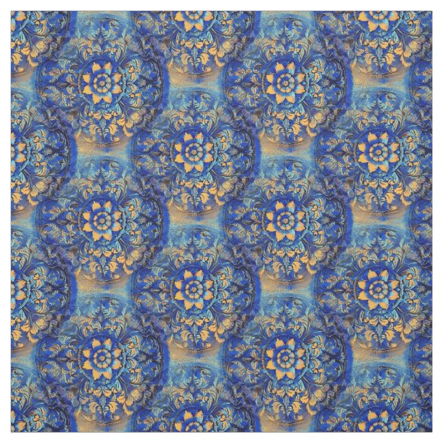 Floral Blue Yellow Circle Motif Fabric (Swatch)