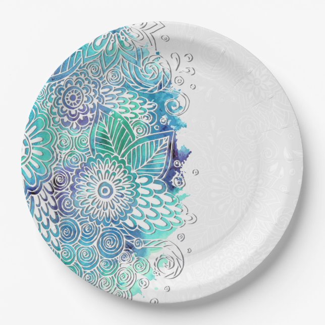 Floral Blues Watercolor Paper Plate (Front)