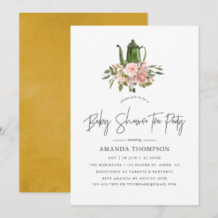 Floral Blush and Gold Baby Shower Tea Party Invitation