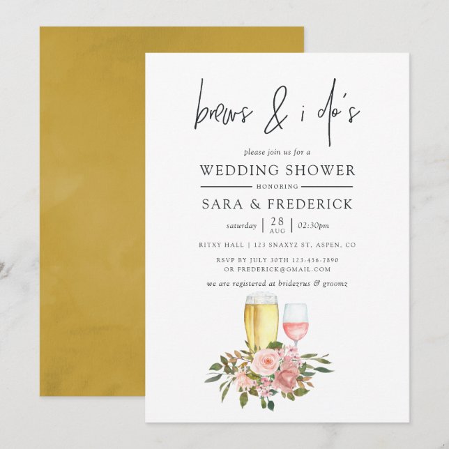 Floral Blush and Gold Brews Before The I Do's Invitation (Front/Back)
