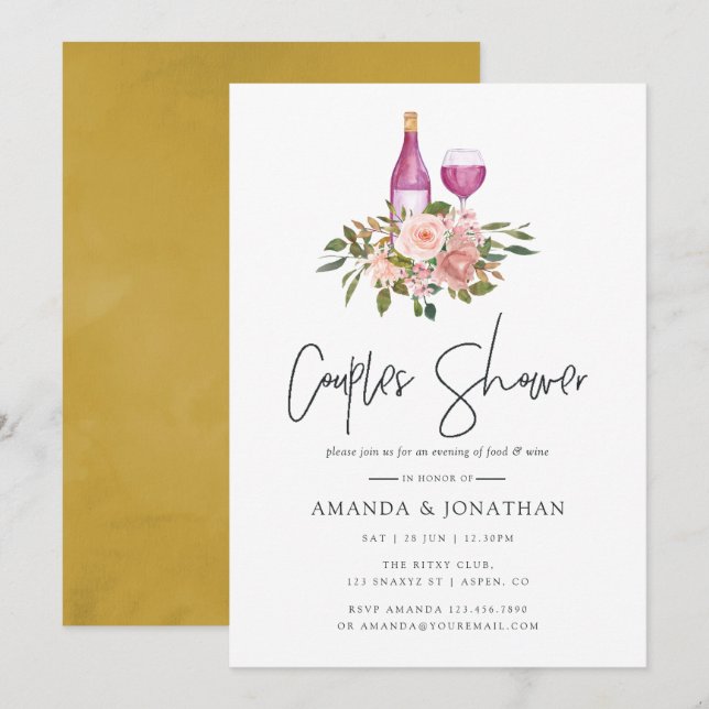 Floral Blush and Gold Wine Tasting Couples Shower Invitation (Front/Back)
