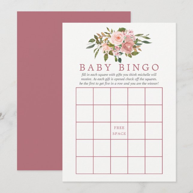 Floral Blush and Rose Gold Baby Shower Baby Bingo Invitation (Front/Back)