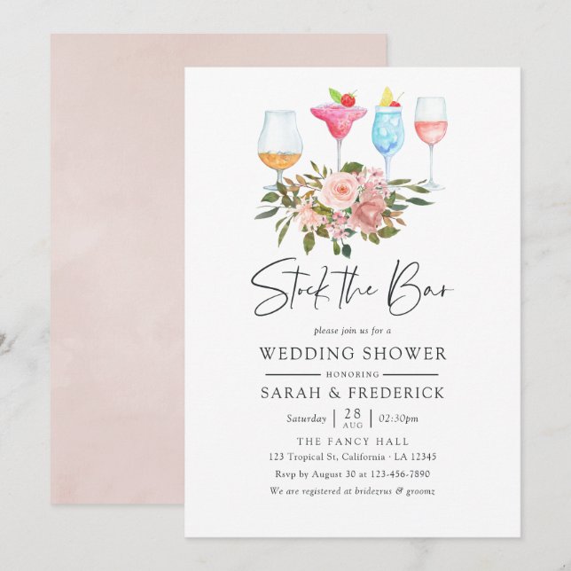 Floral Blush and Rose Gold Stock the Bar Invitation (Front/Back)