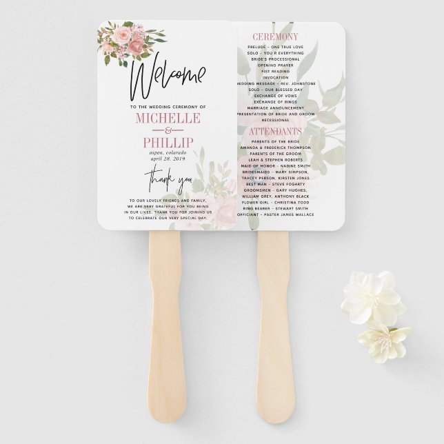 Floral Blush and Rose Gold Wedding Program Hand Fan (Front and Back)