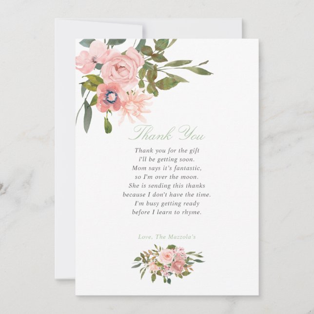 Floral Blush and Sage Baby Shower Thank You Card (Front)