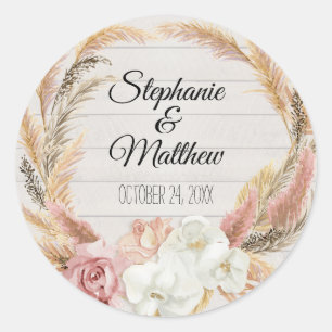 Floral Blush Boho Pampas Palm Rustic Wood Wedding Classic Round Sticker