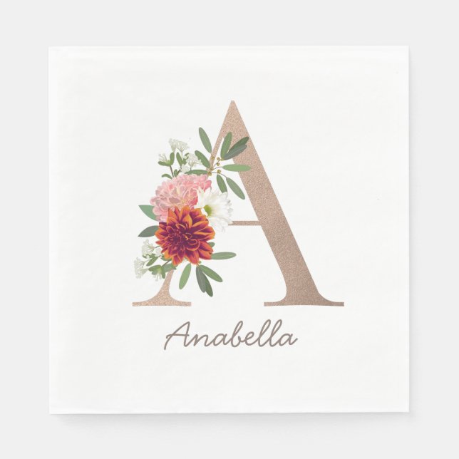 Floral blush bouquet personalized letter " A" Napkin (Front)