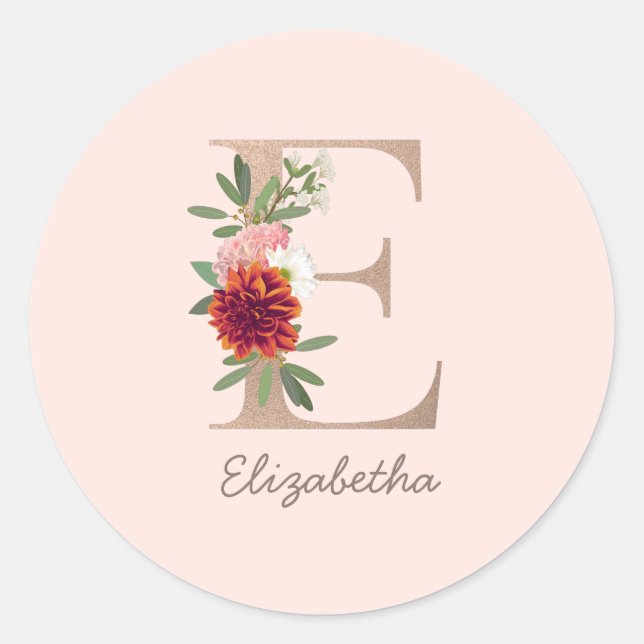 Floral blush bouquet personalized letter " E" Classic Round Sticker (Front)