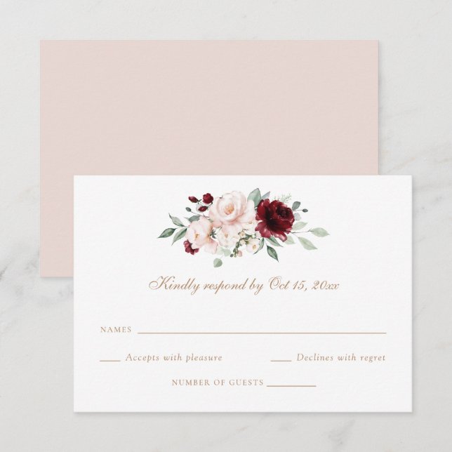 Floral Blush Bourgogne vert mariage carte RSVP (Devant / Derrière)
