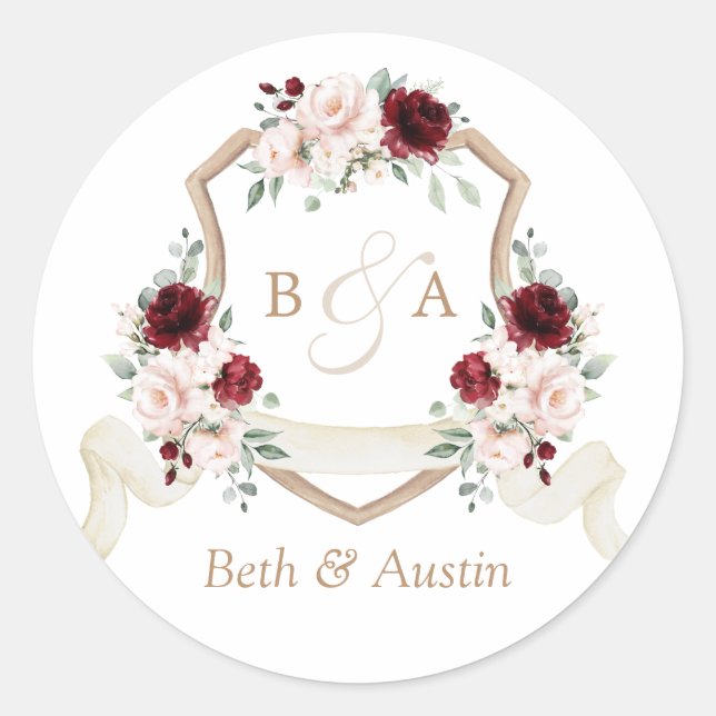 Floral Blush Burgundy Elegant Crest Envelope Classic Round Sticker (Front)