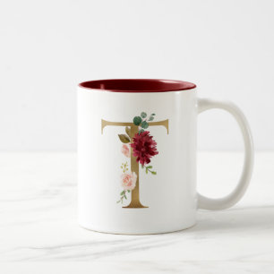 Floral Blush Burgundy Gold Monogram Personalized Two-Tone Coffee Mug