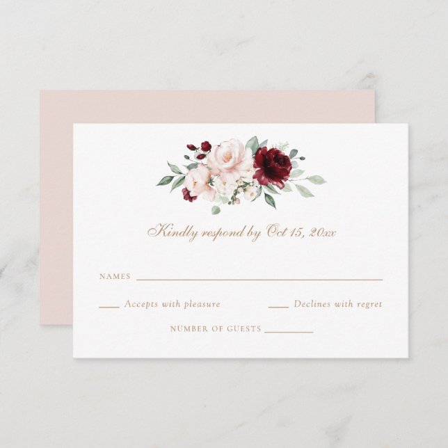 Floral Blush Burgundy Greenery Wedding RSVP Card (Front/Back)