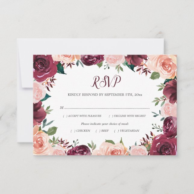 Floral Blush Burgundy Rose Border Meal Wedding RSVP Card (Front)