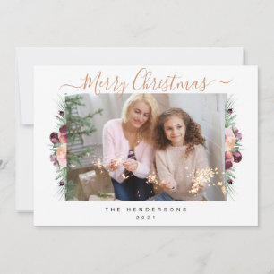 Floral Blush Calligraphy Merry Christmas Photo Holiday Card