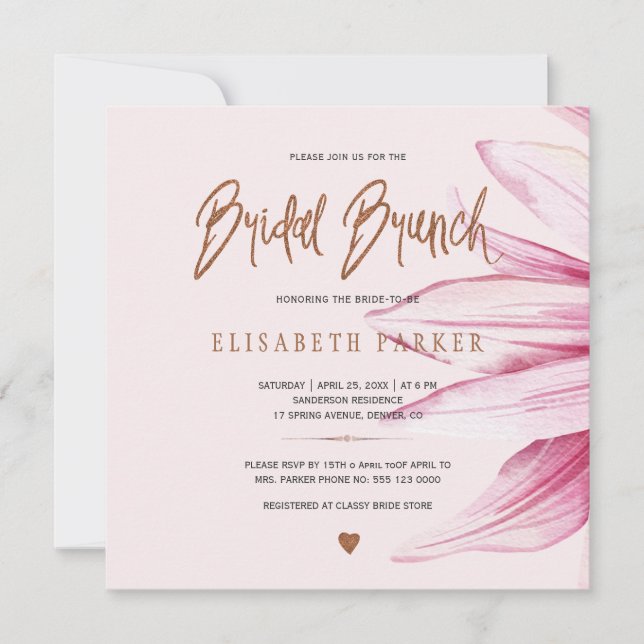 Floral blush copper glitter script bridal brunch invitation (Front)