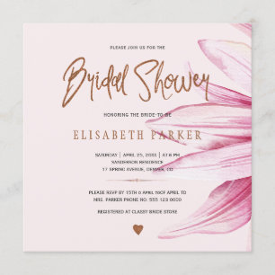 Floral blush copper glitter script bridal shower invitation