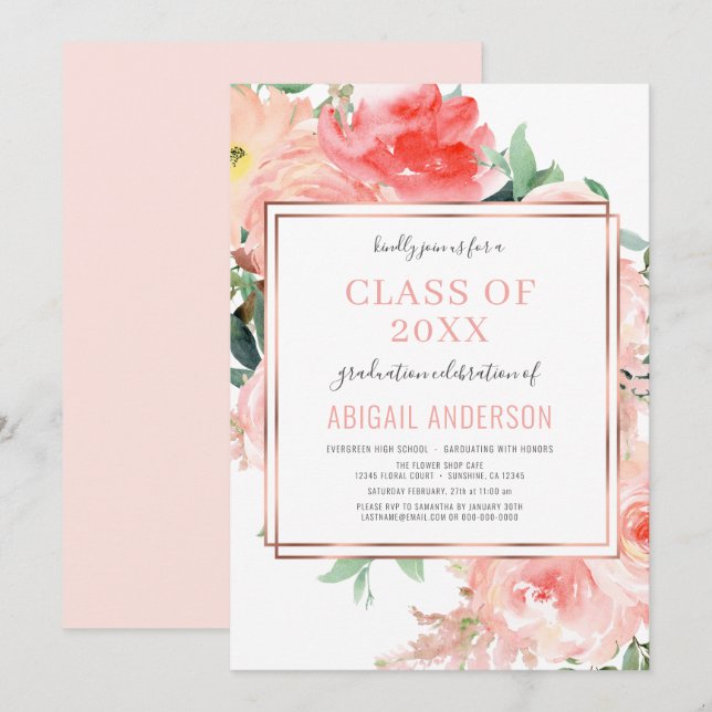 Floral Blush Coral Modern Class of 2023 Graduation Invitation (Front/Back)