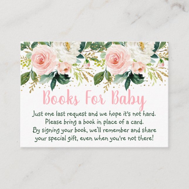 Floral Blush Gold Baby Shower Book Request Enclosure Card (Front)