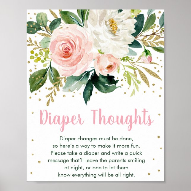 Floral Blush Gold Diaper Thoughts Baby Shower Game Poster (Front)