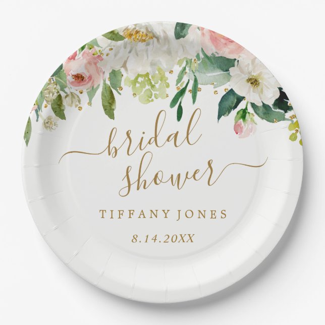 Floral Blush Gold Pink Confetti Bridal Shower Paper Plate (Front)