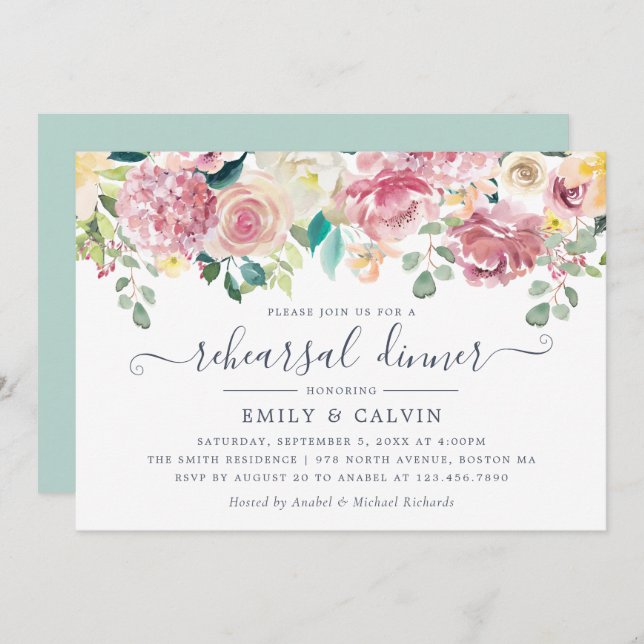 Floral Blush Greenery Eucalyptus Rehearsal Dinner Invitation (Front/Back)