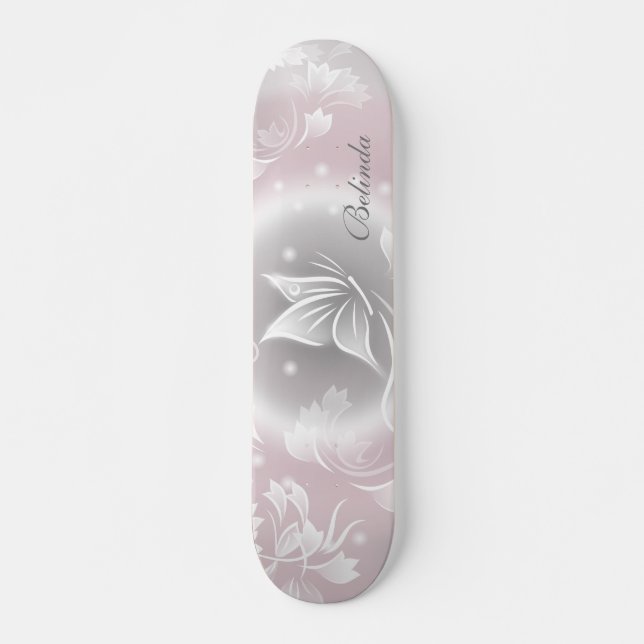 Floral Blush Grey Butterfly  Personalize  Skateboard (Front)