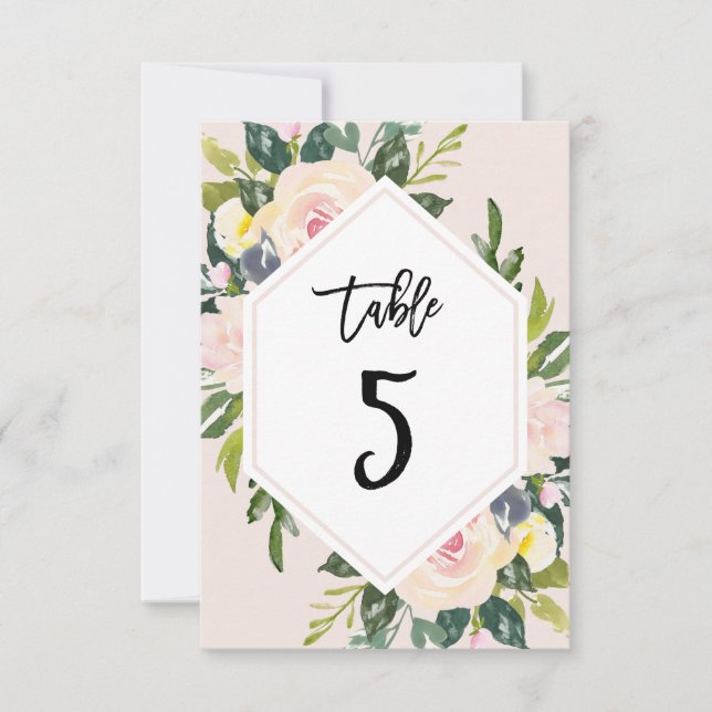 Floral Blush Handwritten Table 5 Number Card (Front)