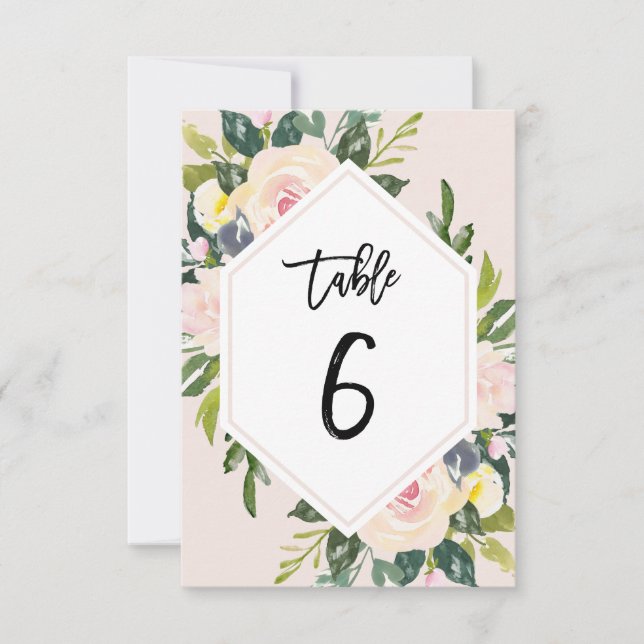 Floral Blush Handwritten Table 6 Number Card (Front)