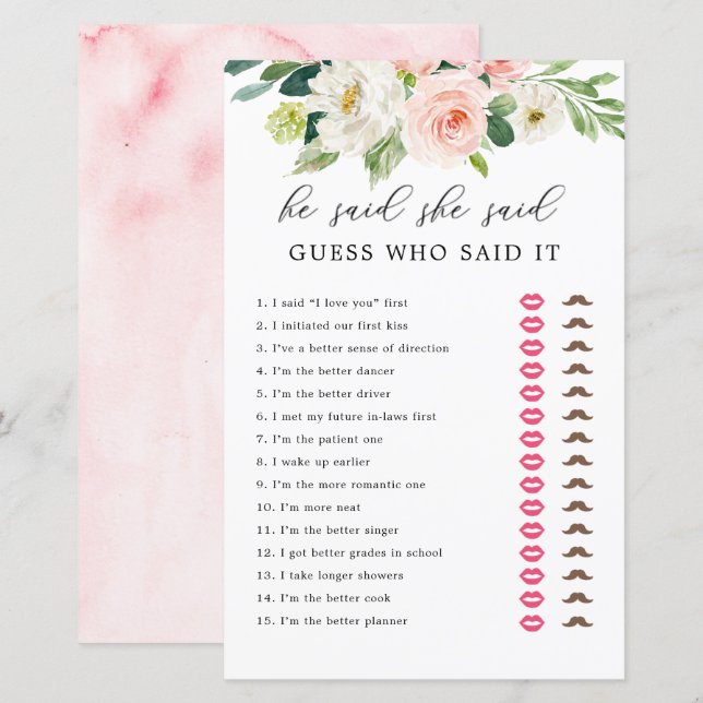 Floral Blush Il A Dit Qu'Elle A Dit Deviner Cartes (Devant / Derrière)