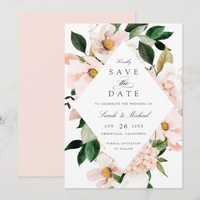 Floral Blush Magnolia Hydrangea Elegant Save Date Invitation (Front/Back)