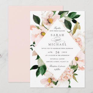 Floral Blush Magnolia Hydrangea Elegant Wedding Invitation