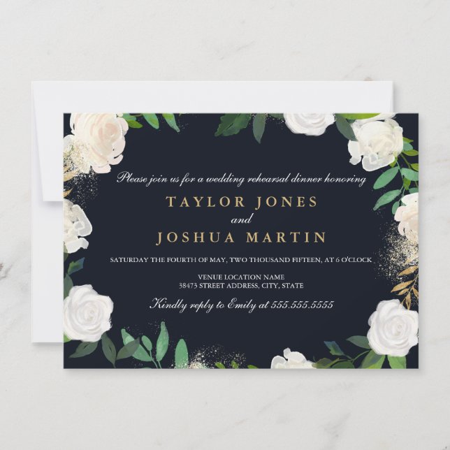 Floral Blush Marine Gold Rehearer Dîner Invitation (Devant)