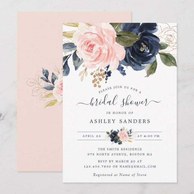 Floral Blush Navy Élégante Invitation à la douche  (Devant / Derrière)